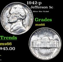 1942-p Jefferson Nickel 5c Grades GEM+ Unc