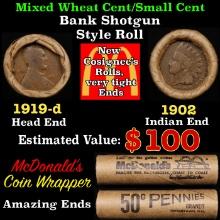 Lincoln Wheat Cent 1c Mixed Roll Orig Brandt McDonalds Wrapper, 1919-d end, 1902 Indian other end