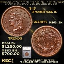 ***Auction Highlight*** 1845 Braided Hair Large Cent 1c Graded ms63+ bn By SEGS (fc)
