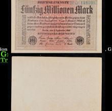 1923 Weimar Germany 50 Million Marks Hyperinflation Banknote P# 109a, Gray Paper, Watermark Crucifer