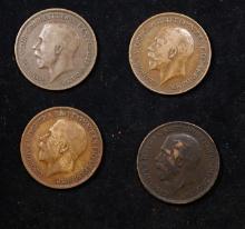 Group of 4 Coins, Great Britain Pennies, 1913, 1914, 1916, 1917 .