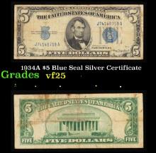 1934A $5 Blue Seal Silver Certificate Grades vf+