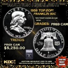 Proof ***Auction Highlight*** 1958 Franklin Half Dollar TOP POP! 50c Graded pr69 cam BY SEGS (fc)