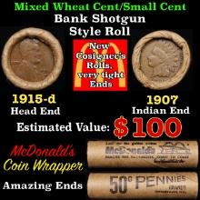 Small Cent Mixed Roll Orig Brandt McDonalds Wrapper, 1915-d Lincoln Wheat end, 1907 Indian other end