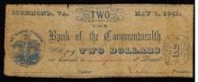 May 1, 1861 The Bank of the Commonwealth Richmond VA Two Dollars Obsolete Currency Note Grades f+