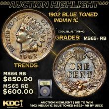 ***Auction Highlight*** 1902 Indian Cent Blue Toned 1c Graded Gem+ Unc RB By USCG (fc)