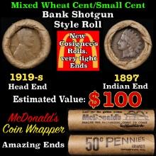 Small Cent Mixed Roll Orig Brandt McDonalds Wrapper, 1919-s Lincoln Wheat end, 1897 Indian other end