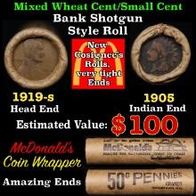 Small Cent Mixed Roll Orig Brandt McDonalds Wrapper, 1919-s Lincoln Wheat end, 1905 Indian other end