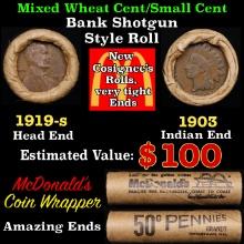 Small Cent Mixed Roll Orig Brandt McDonalds Wrapper, 1919-d Lincoln Wheat end, 1907 Indian other end