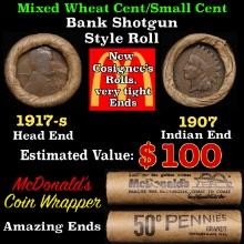 Small Cent Mixed Roll Orig Brandt McDonalds Wrapper, 1917-s Lincoln Wheat end, 1907 Indian other end