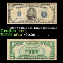 1934B $5 Blue Seal Silver Certificate Grades vf+