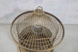 Vintage Steel Bird Cage w/Glass Feeders 17" Tall