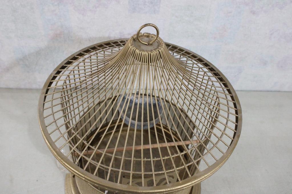 Vintage Steel Bird Cage w/Glass Feeders 17" Tall