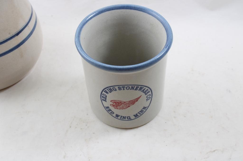 3 Red Wing Stoneware Pc's & Blue Band Pitcher