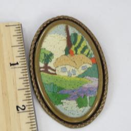3 Antique Embroidery Needle Work Brooches