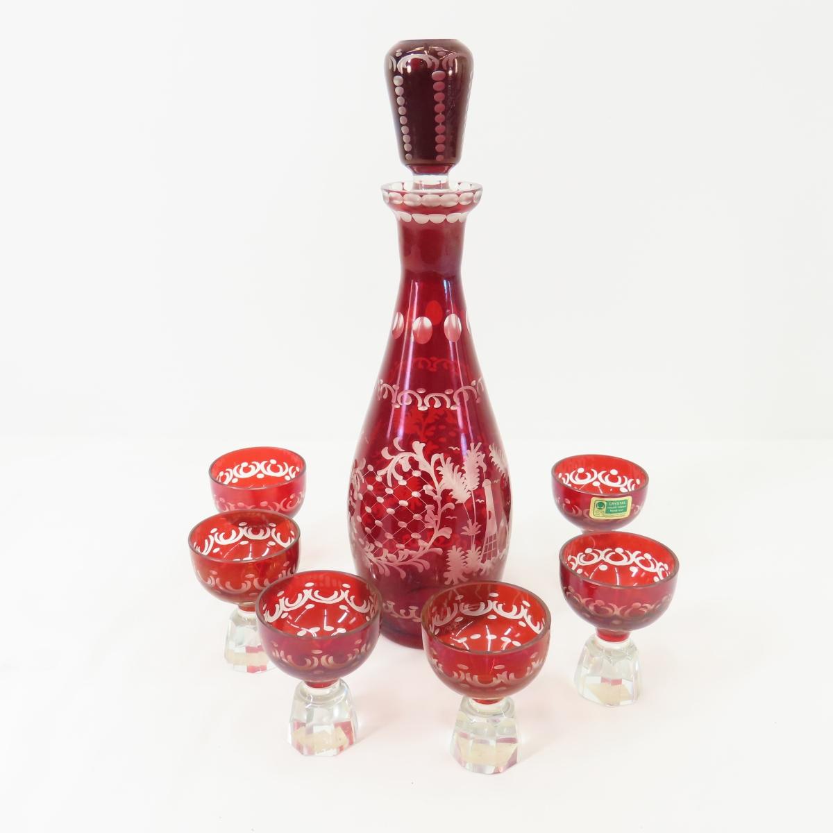 Red Cut to clear glass Kunstglas decanter set