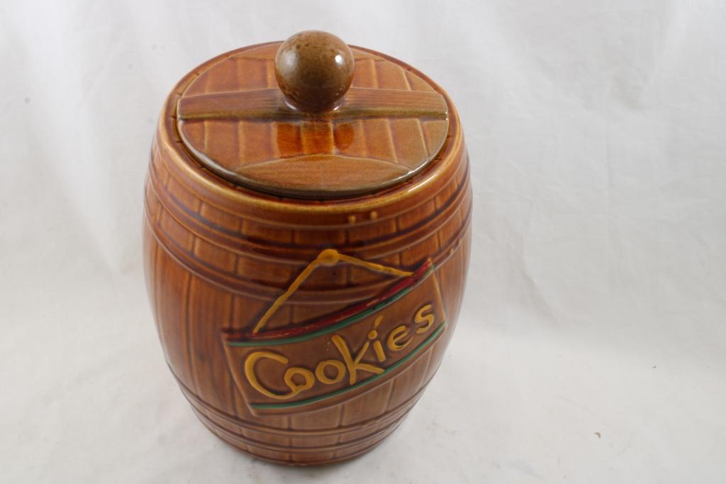 American Bisque Barrel Cookie Jar & Painted Plates