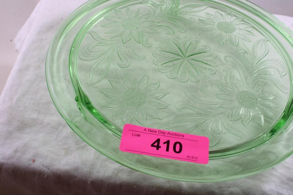 Green Vaseline Glass Cake Stand Sunflower Design