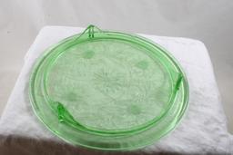 Green Vaseline Glass Cake Stand Sunflower Design