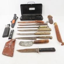 1920's tackle box & group of fixed blade knives