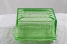 Block Optic 1 LB Vaseline Glass Butter Dish w/Lid