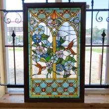 Stained Glass Window with birds & flowers 23x37"