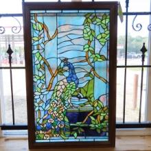 Stained Glass Window with Peacock 23x37"