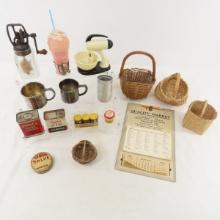 Antique kitchen items, churn, baskets, calendar