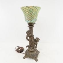 Antique cast metal Cherub lamp with glass shade
