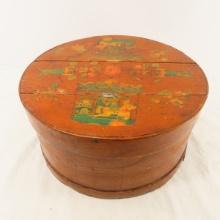 Antique round wood box with decoupage top