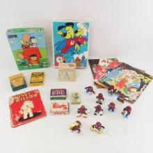 Vintage puzzles, crayons, books, toys
