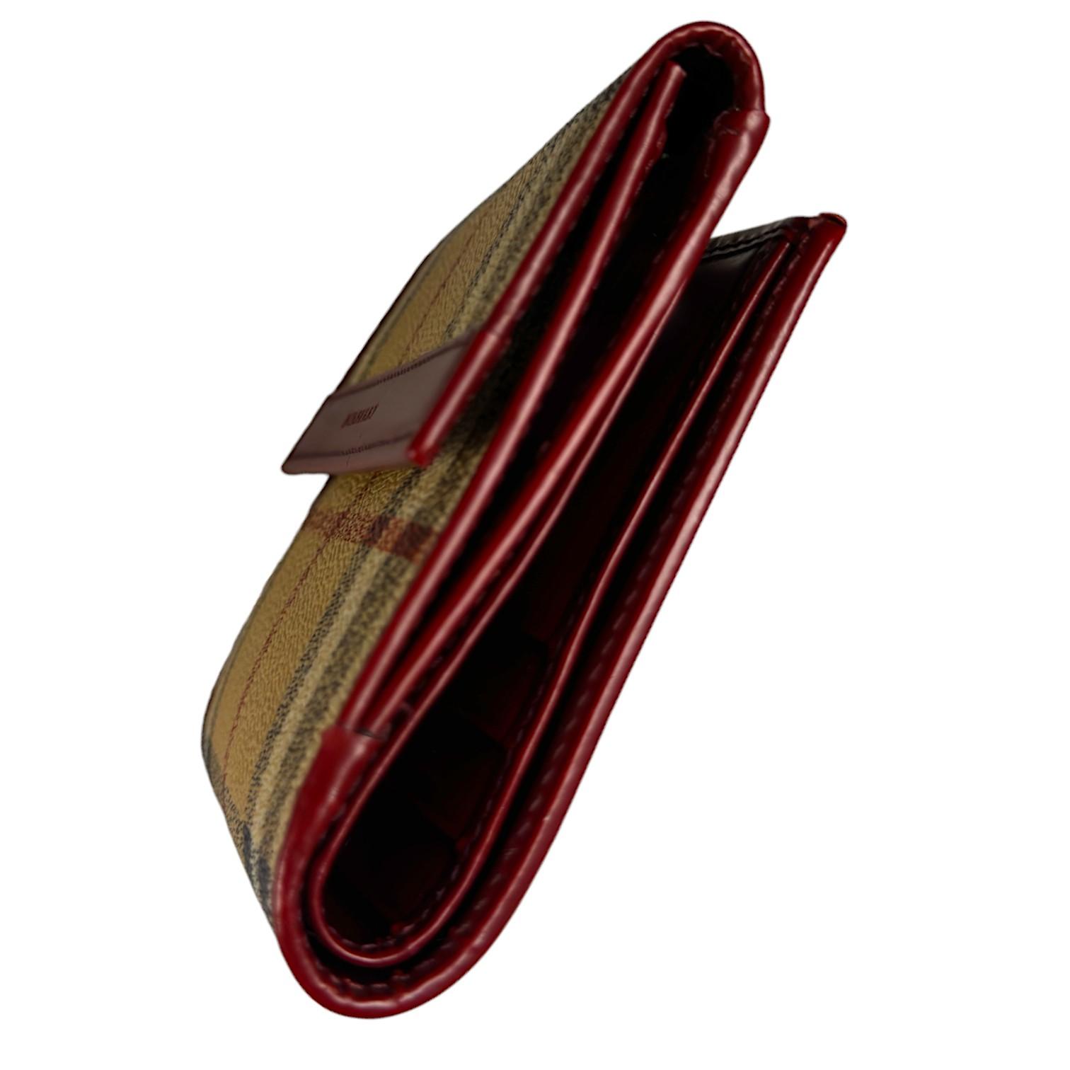 Authentic estate Burberry Nova Check Canvas Burgundy leather trifold wallet