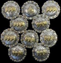 Lot of 10 estate brass-accented white metal conchos