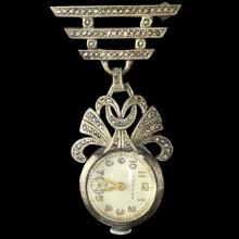 Circa 1930s Marmon pendant watch on a sterling silver & marcasite-decorated hanging pin