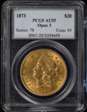 1873 $20 Gold Liberty Open 3 PCGS AU-53