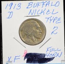 1913-D Buffalo Nickel FH Type 2 Key Date XF