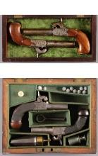 Two Cased Pairs of European Boxlock Percussion Pocket Pistols