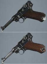 Two World War II Era German Mauser Luger Pistols with Holsters