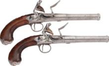Pair of Silver Mounted E. North "Queen Anne" Flintlock Pistols