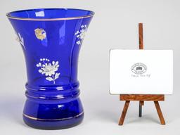 Cobalt Blue Vase W/Enamel Decorations & Small Limoge France Porcelain