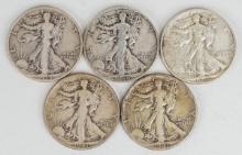 5 Walking Liberty Half Dollars; 1939-P,1940-S,1940-P,1941-S,1941-P