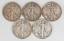 5 Walking Liberty Half Dollars; 1941-P1945-D,1945-S,2-1946-S
