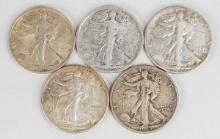 5 Walking Liberty Half Dollars; 1934-P,1935-P,1940-P,1941-P.1943-D