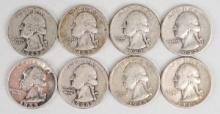 8 Washington Silver Quarters; 1942-P,1942-S, 2-1943-P,1943-D,1944-P,1944-S,1946-S