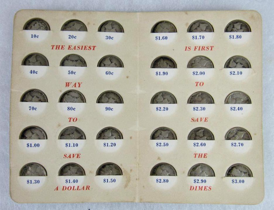 Antique Akron Dime Bank Folder with (30) Mercury Silver Dimes