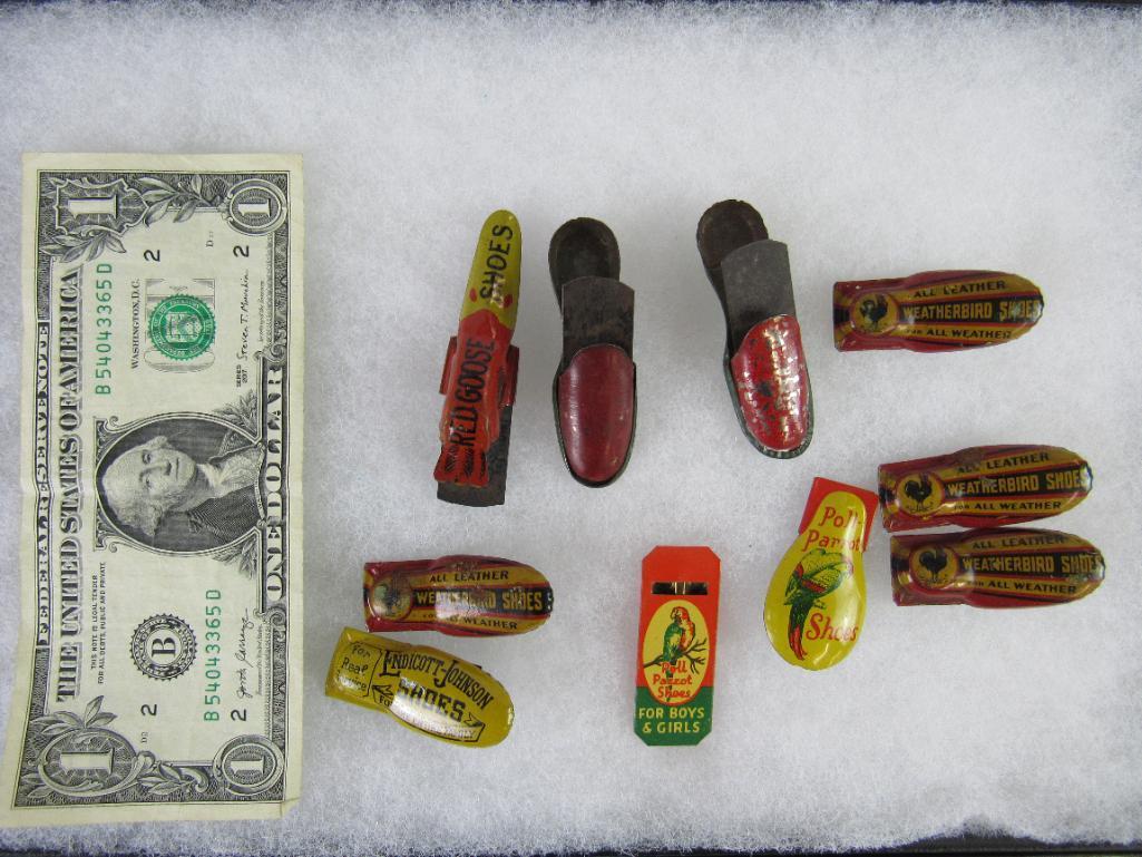 Grouping Antique Tin Shoe Advertising Clickers/ Noisemakers