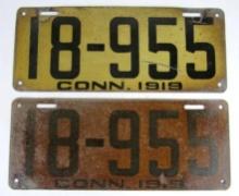 Pair Antique 1919 Connecticut License Plates