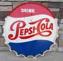 Antique Drink Pepsi Cola 30" Embossed Metal Bottle Cap Sign (Stout M-104)