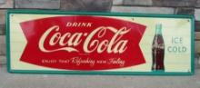 Outstanding 1962 Coca Cola Coke Embossed Metal Fishtail 54" Sign (Robertson)