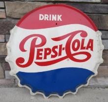 Vintage 1960's Pepsi Cola Embossed Metal Bottle Cap sign- original & Authentic 31"